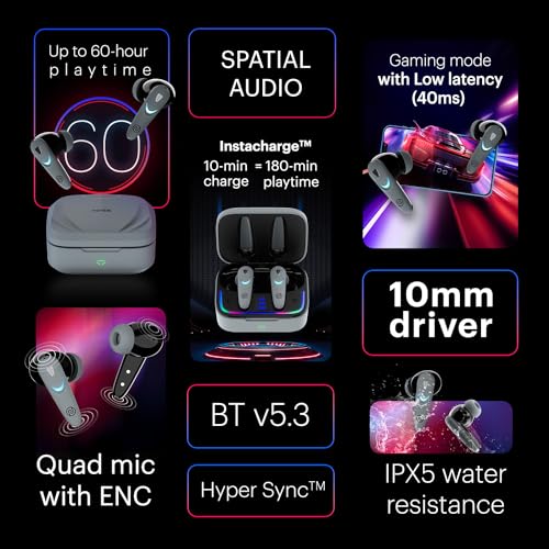 Image of Noise Buds Combat X in-Ear True Wireless Gaming Earbuds with 40Ms Low Latency, 60H of Playtime, Spatial Audio, RGB Lights,Instacharge(10 Min=180 Min),10Mm Driver, BT V5.3(Shadow Grey)