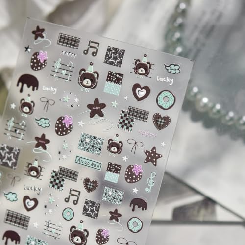 Image of Chestnut Bear Nail Stickers 5D Embossed Nail Art Decal Cartoon Nail Charms | Fall Nail Decals with Music Notes, Plaid, Donut & Star Patterns, Design Self-Adhesive Stickers, for Women Daily DIY Manicure