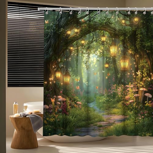 Fantasy Forest Path Shower Curtain Fairy Magical Enchanted Misty Jungle Mushroom Floral Tree Butterfly Lantern Wonderland Plant Bath Curtain Fabric Bathroom Accessories Decor with Hooks 70W x70L