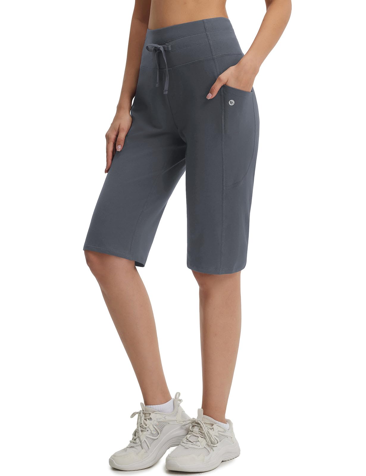 baleaf Damen Shorts Baumwolle Bermuda mit Taschen Sommerhose 35CM Knielang Yogahose Hohe Taille Lounge Casual Activewear Hosen