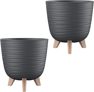 2 x Blumentopf mit Füßen & Bewässerungssystem, Anthrazit, Ø 20 cm, Pflanzkübel, Übertopf, Wellenmuster, Innen- & Außenbereich, Drainagesystem & Wasserspeicher, rund, Kunststoff