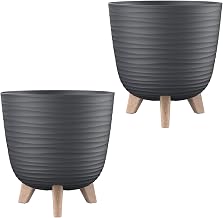 2 x Flower Pot with Feet and Watering System, Anthracite, Diameter 20 cm, Plant Pot, Planter, Wave Pattern, Indoor and Outdoor Use, Drainage System & Water Reservoir, Round, Plastic
