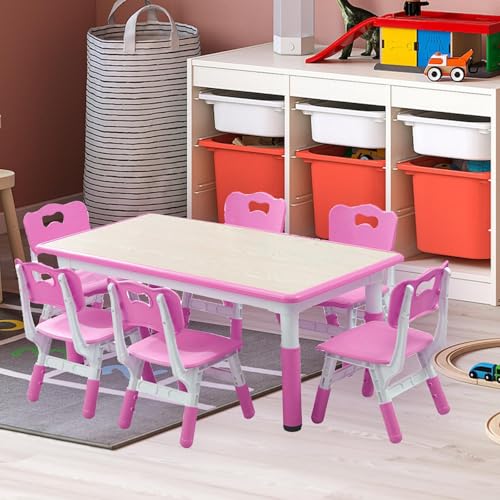 Image of Adjustable Kids Table & 6 Chairs Set - 47.2 inch Multi-Activity Study & Craft Desk with Non-Slip Legs, Graffiti-Resistant Desktop, Ideal for Playroom, Study Area, Daycare, or Home - Pink