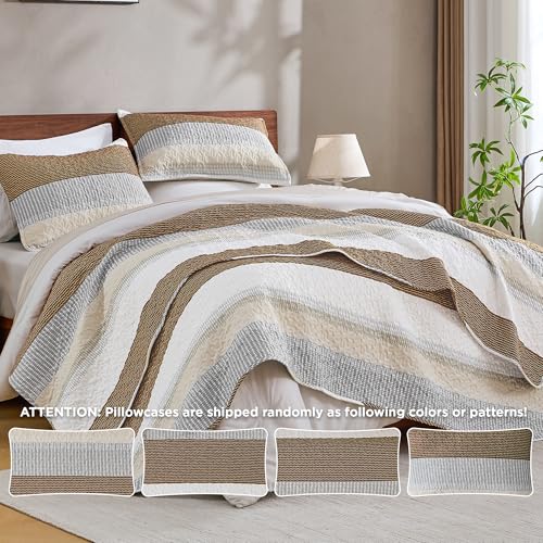 Image of Andency King Size Quilt Set Caramel Brown, 3 Pieces Summer Ultra Soft Lightweight Bedspreads & Coverlets Set, Patchwork Striped Quilted Bedding Sets for All Seasons (1 Quilt, 2 Pillow Shams)