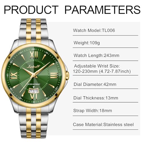 Image of Letoff Men's Analog Watch,Tool-Free Adjustable Clasp, Water Resistant 100ft, Roman Numeral Dial, Stainless Steel Case & Strap, Perfect for Business & Casual Wear