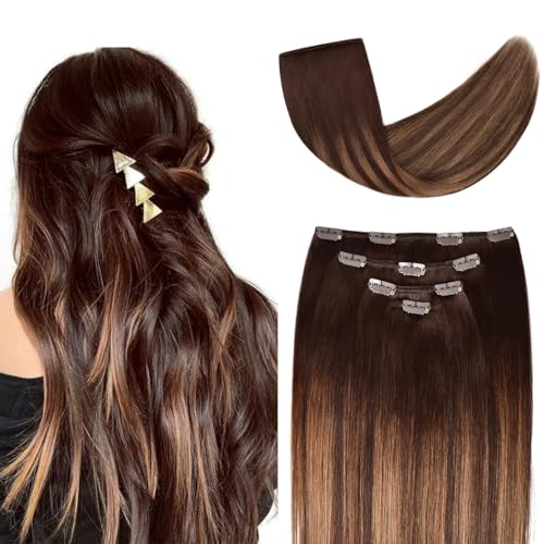 Winsky 12 Clip in Hair Extensions Remy Human Hair Brown Balayage for Women Silky Straight 100% Real Human Hair 50grams 4pieces 2T6P2 Color, 12 Inch (Pack of 1), 1.0 count