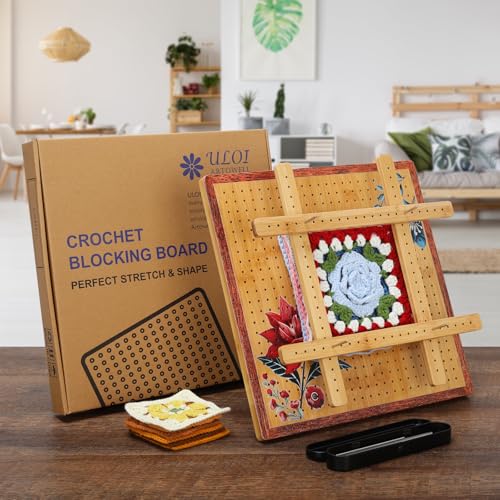 Image of ULOI 13 inch Crochet Blocking Board - Upgraded Style with 4 Tension Rods and 20 Pegs - Blocking Boards for Crochet Projects, Ideal for Granny Square Card Deck Users (Crimson)