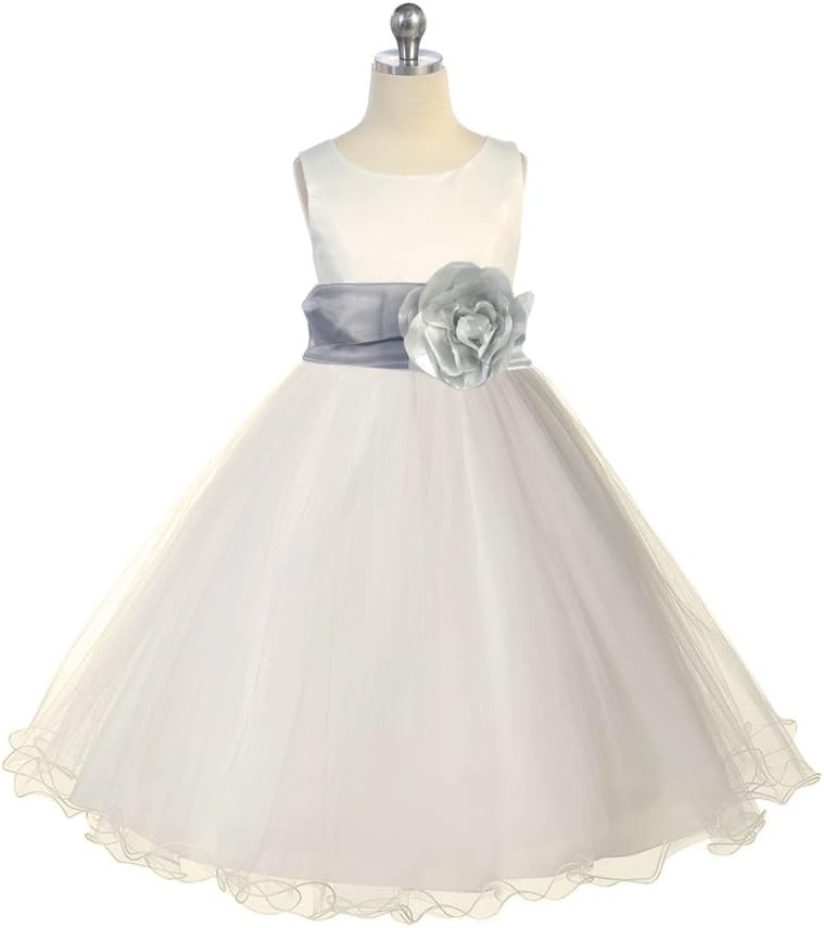 Classykidzshop Ivory Sleeveless Poly Satin Tea-Length Special Occasion Dress - 6T Ivory/Silver