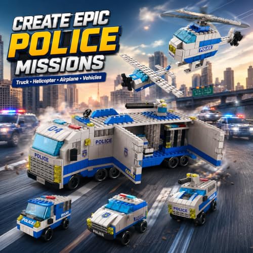 Image of SKY LINE OCEAN City Police Mobile Command Truck Building Block Set, 1000+ PCS Police Vehicles, Helicopter & Airplane Construction Kit, STEM Toy for Kids, 5-Year Structural Warranty