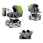 ZWILLINGS- UND GESCHWISTERWAGEN"DUET" MEGASET: INKL. 2 x AUTOKINDERSITZE, BEWEGLICHEN VORDERRÄDERN UND MEGA ZUBEHÖR - IN FARBE (D-009) GRAU-GRÜN