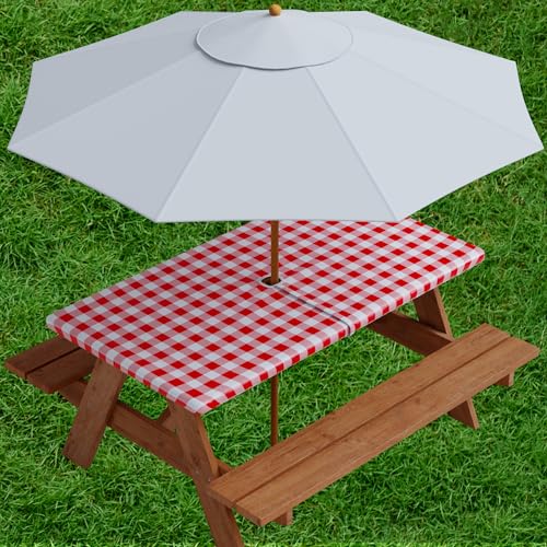 sorfey vinyl umbrella rectangle fitted tablecloth cover, checkered design, flannel backed lining 24x48 inch, red