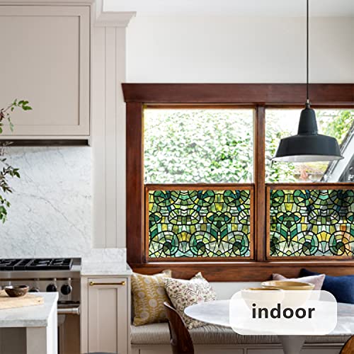 Funlife Stained Glass Window Film, Double-Sided Thickened Static Cling Window Films, Non-Adhesive Glass Window Decals Decor For Door Window, 35.43"X118", Green Glass Mosaic #TOP5