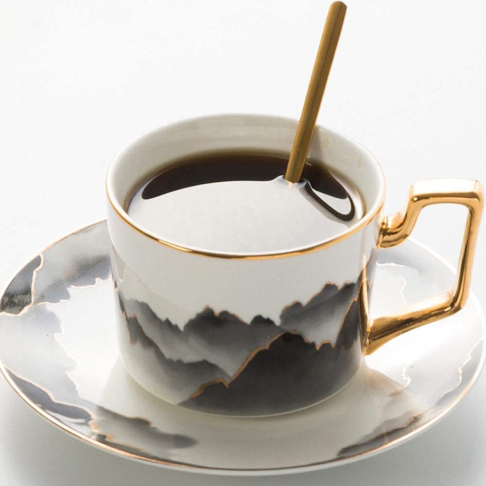 Mug à café en céramique avec Soucoupe dorée, idéal pour la Maison, Le Bureau ou Le Restaurant. Convient également pour Les Lattes et cappuccinos.