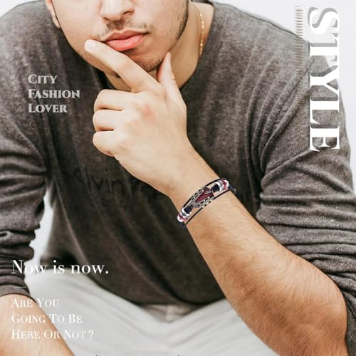 Image of Leather Bracelet for Men, Stylish Music Themed Guitar Bracelet, Adjustable Wristband for Casual Wear, Red, Hand Chain Leacther Music Themed Gifts, 20.5 cm