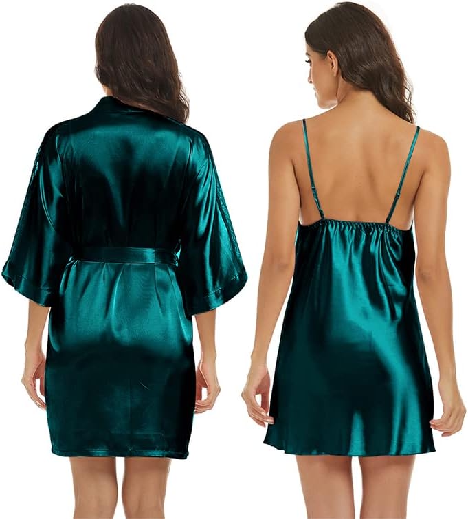 Women's Silk Pajama Sets Satin Robe with Nightgown 2 Piece Sleepwear Sexy Lace Cami Nightwear Kimono Bridesmaid Robes - Image 5