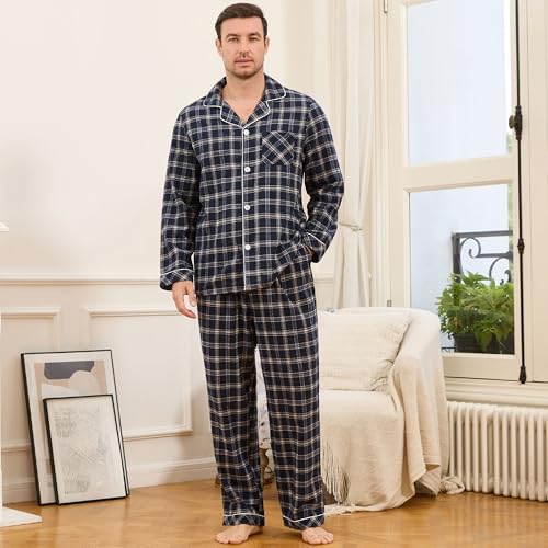 Vulcanodon Men 100% Cotton Pajama Set, Long Sleeve Flannel Pajama Sets Soft Woven Plaid 2 Piece Button Down Lounge Set2