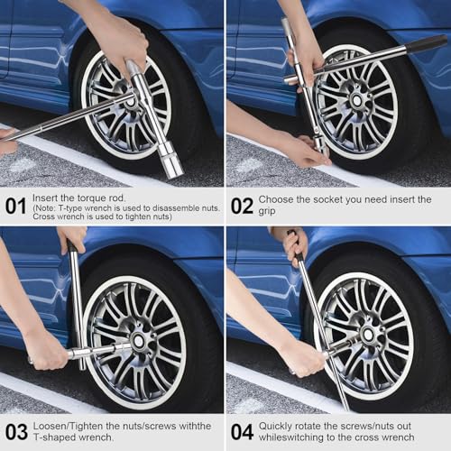 Image of 23 inch Extended Lug Wrench 4 Way Heavy Duty Tire Iron Lug Wrench with Storage Bag, Labor Saving Lug Nut Tool & Standard Sockets (17mm /19mm /21mm /23mm) for Car Wheel Maintenance