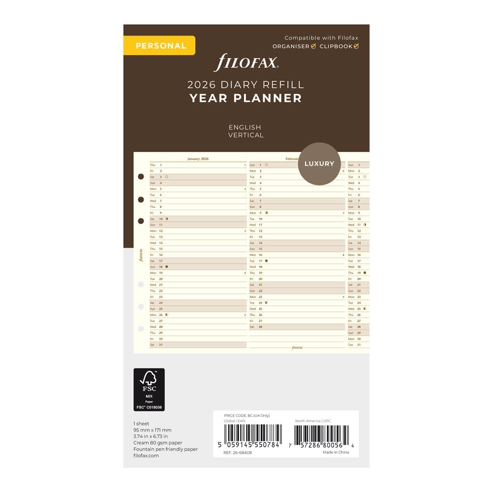 Filofax Kalender-Tagebuch-Nachfüllpackung, persönliche/kompakte Größe, vertikaler Jahresplaner, Baumwollcremepapier, Englisch, 2026 (C68408-26)