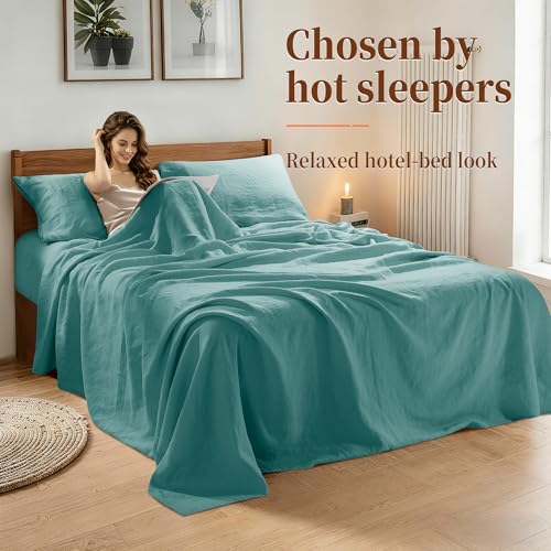Image of 100% Pure Linen Sheet Set for Hot Sleepers, Breathable Natural Linen Sheets 4pcs, Bedding Set Deep Pocket Up to 16 inch Moisture-Wicking, Softens with Every Wash (Aqua King)