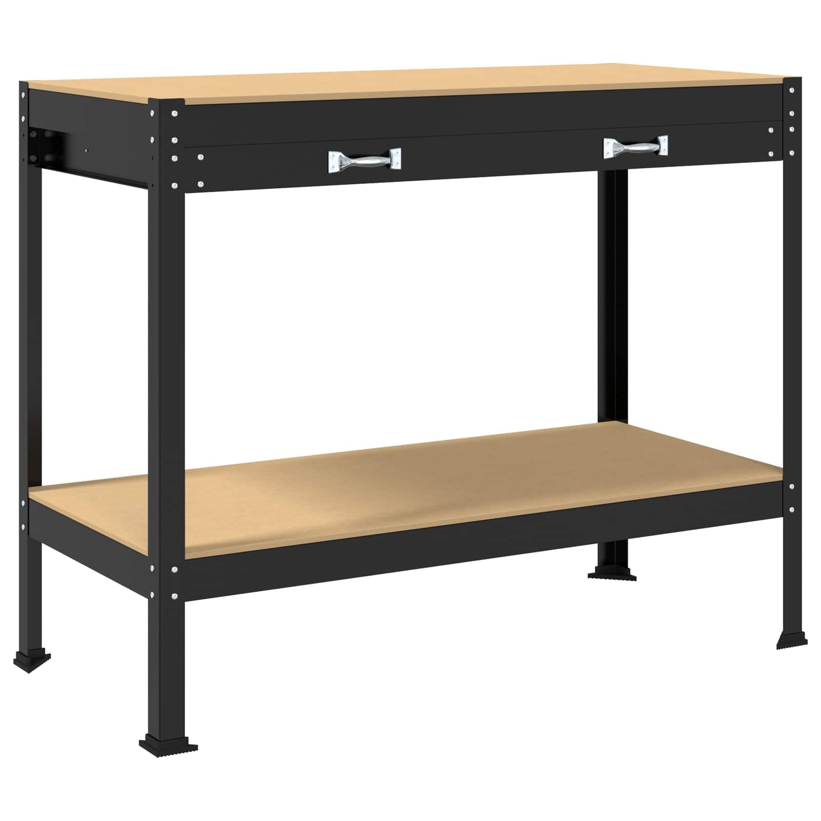 Banco de trabajo resistente para garaje con almacenamiento de madera y metal en color negro, 114 x 54 x 91 cm, con pared perforada y cajón