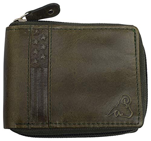 Mens RFID Blocking Wallets Zipper Leather Wallet for Men Bifold RFID Card Holder USA (Green)