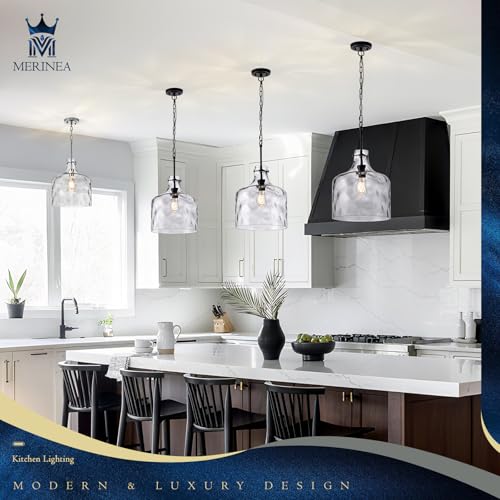 Image of 12 inch Black Farmhouse Pendant Light, Clear Hammered Glass, E26 Hanging Light | Hand-blown hammered glass pendant light with adjustable chain, E26 socket, ideal for kitchen islands and dining rooms