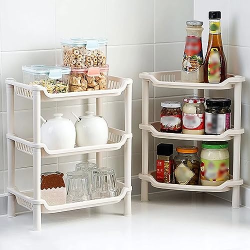 Organizador de ducha esquinero de 3 niveles, estante de plástico multifuncional para encimera de baño y cocina, estante de escritorio hueco y soporte de almacenamiento de cosméticos (blanco)