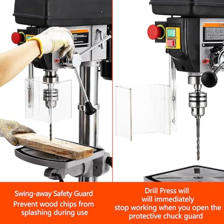 15 in Benchtop Drill Press with Swing-away Safety Guard, 7.5 Amp 120V Pure Copper Motor, 288-3084 RPM Variable Speed, 0-45 Tilting Worktable, Tabletop Drilling Machine for Wood Metal