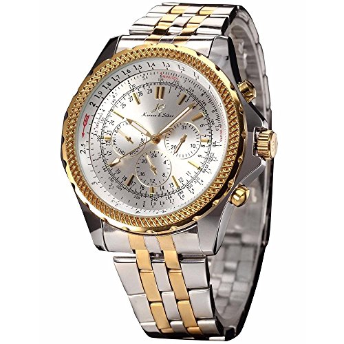 Ks Imperial Gold Silver Tone Day Date Automatic Mechanical Mens Stainless Steel Band Wrist Watch KS143