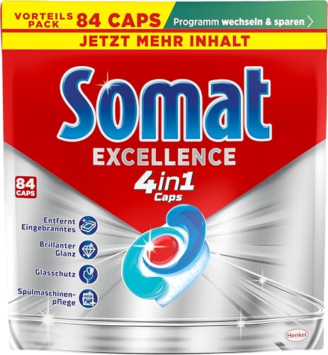 Somat Excellence 4in1 Caps (84 Caps) schnellauflösende Spülmaschinen Caps für brillanten Glanz auch im Niedrigtemperatur- Kurz- & Eco-Programm Somat Caps entfernen kraftvoll Eingebranntes