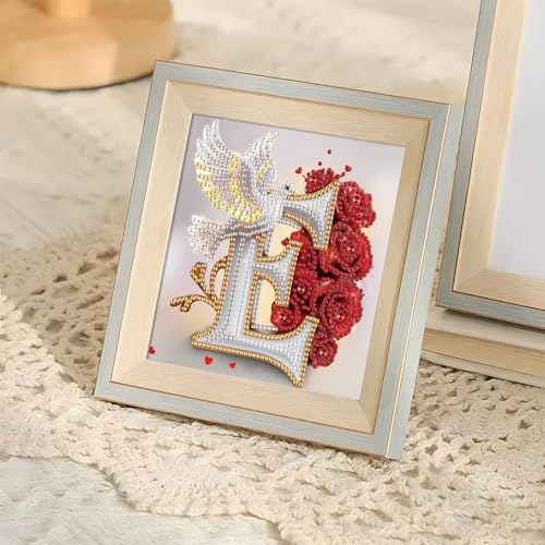Image of AiYuanzsh 5D Diamond Art Kits for Adults Letter E, Exquisite Floral Rose & Dove Special Shape Diamond Painting, DIY Alphabet Diamond Art for Home Wall Decor 17x17cm