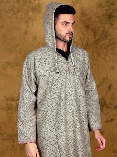 Image of Exotic India Men's Woolen Blend Kashmiri Phiran with Hood | Pure Wool Long Overcoat-Oversized Phiran for Men