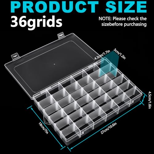 Image of 2 Pack Clear Plastic Organizer Box with 36 Grids and Adjustable Dividers for Beads, Crafts, Art DIY, Jewelry, Screws, Pins, Thread, Fishing Gear, Small Items