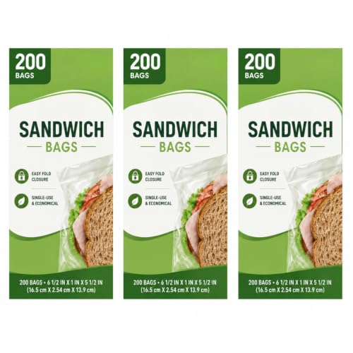 Sandwich Bags Fold Top, 3 Pack, 200 Count per Pack, Clear Disposable Storage Bags for Everyday Kitchen, Lunch, Snacks, Household Organization, Lightweight Plastic Bags, Total 600 Count