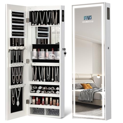 chaoguan LED Mirror Jewelry Cabinet with Bluetooth Speaker Wall/Door Mounted Jewelry Organizer Armoire Full Length Lighted Mirror with Jewelry Storage Jewelry Box Standing for Women