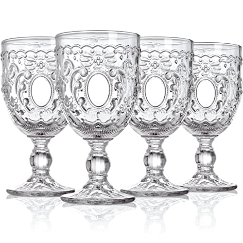 Lyellfe Set Of 4 Clear Glass Goblet, 12 Oz Retro Vintage Stemware Wine Glasses, Crystal Embossed Romantic Footed Glasseware For Iced Beverage, Wine, Cocktail, Party, Dishwasher Safe #TOP20
