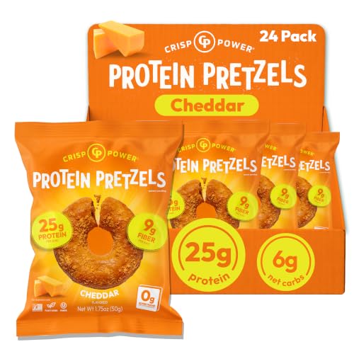 Crisp Power Cheddar Protein Pretzels, High Protein Snack, 24 Pack