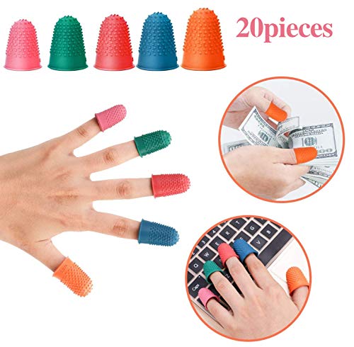 MOM Rubber Fingers Tip Pads Grips- Hand Finger Sleeves Protectors for Your Paperwork, Cutting and Office Supplies tasks, Reusable Assorted Sizes Blue Orange Green Red Pink（20 Pices）