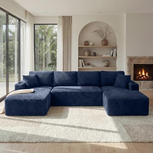 Image of 125 Inch Modular Sectional Sofa, Cloud Couch Oversized U Shaped Corduroy Sofa with Storage & Cupholders, Modern Deep Seat Boneless Couches for Living Room, No Assembly Required, Blue