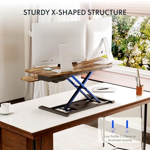 Image of FLEXISPOT 42 inch Electric Standing Desk Converter Height Adjustable Desk Strong Weight Capacity Motorized Stand up Desk Riser for Office Home, Rustic Color