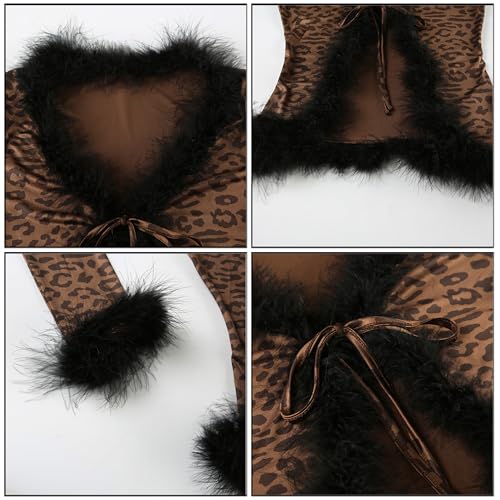 Image of Women Sexy 2 Piece Outfits Rave Tie-up Feather Trim Fur Long Sleeve Cardigan Deep V Blouse