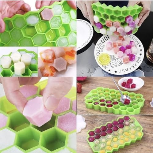 Image of Silicone Ice Cube Trays with Lids Pack of 2 Easy-Release Hexagon Ice Maker for Freezer, Reusable Food-Grade Ice Molds for Cocktail Bar, Whiskey, Iced Coffee & Home Kitchen (Green) (2)