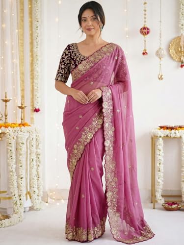 Image of SIRIL Women's Shimmer Georgette Scalloped Border Sequins Embroidery Saree with Unstitched Blouse Piece
