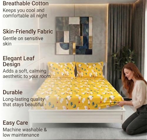 Image of BSB HOME 210 TC Cotton Double Bedsheet with 2 Pillow Covers, Soft Breathable Fabric, Elastic Fitted Sheet, Wrinkle Resistant, Deep Pocket Fit - 78 x 72 + 10 Inches (Goldenrod)
