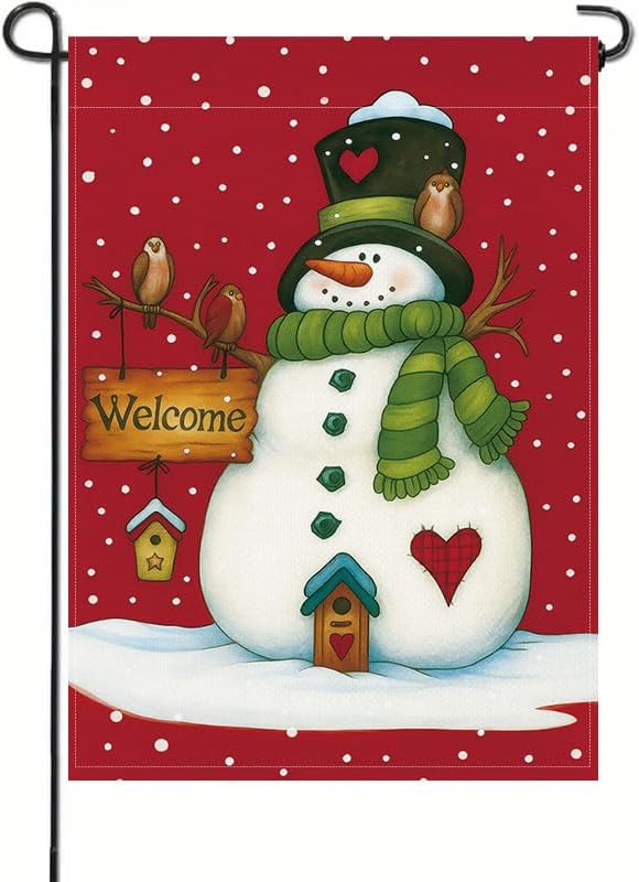 Christmas Snowman Garden Flag 12x18 Inch Winter Holiday Yard Outdoor Decorations with Birds, Welcome Sign & Snowflakes, outdoor flags - Image 6