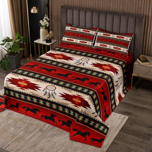 Erosebridal Horse Coverlet Set Dream Catchers Bedspread for Cowboy Cowgirl,Southwestern Native Aztec Horses Quilted Bohemian Tribe Quilt Set King Size Farmhouse Wildlife Bedroom Decor,Red