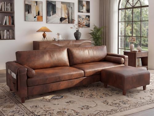 Image of Vesgantti 100 inch L Shaped Faux Leather Couch with Movable Ottoman, Extra Wide Seater PU Leather Sectional Sofa with Side Pocket, Mid Century Modern Modular Sofa for Living Room, Apartment, Dark Brown
