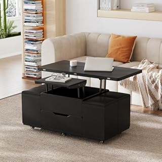 Homary Lift-Top Coffee Table with 4 Hidden Chairs – Extendable Dining & Work Table, Built-in Storage, Space-Saving for Small Living Rooms & Flats