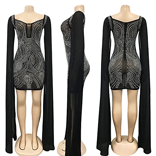 Image of PORRCEY Women's Sexy Elegant Rhinestone Mesh Party Club Night Mini Dress