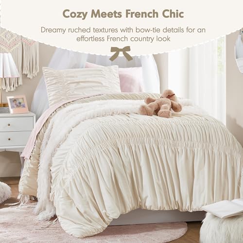 Image of Intelligent Design Ruched Shabby Chic Ivory Twin XL Comforter Set, 2pc | Back to School Girls Dorm Bedding Set, French Country, All Season Down Alternative, Cozy, Machine Washable, Lightweight